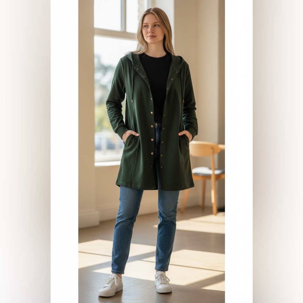 Linea Leisure Louis Dell'Olio Long Dk Green Cotton Hoodie Jacket SMALL PTP 21” - Picture 5 of 10